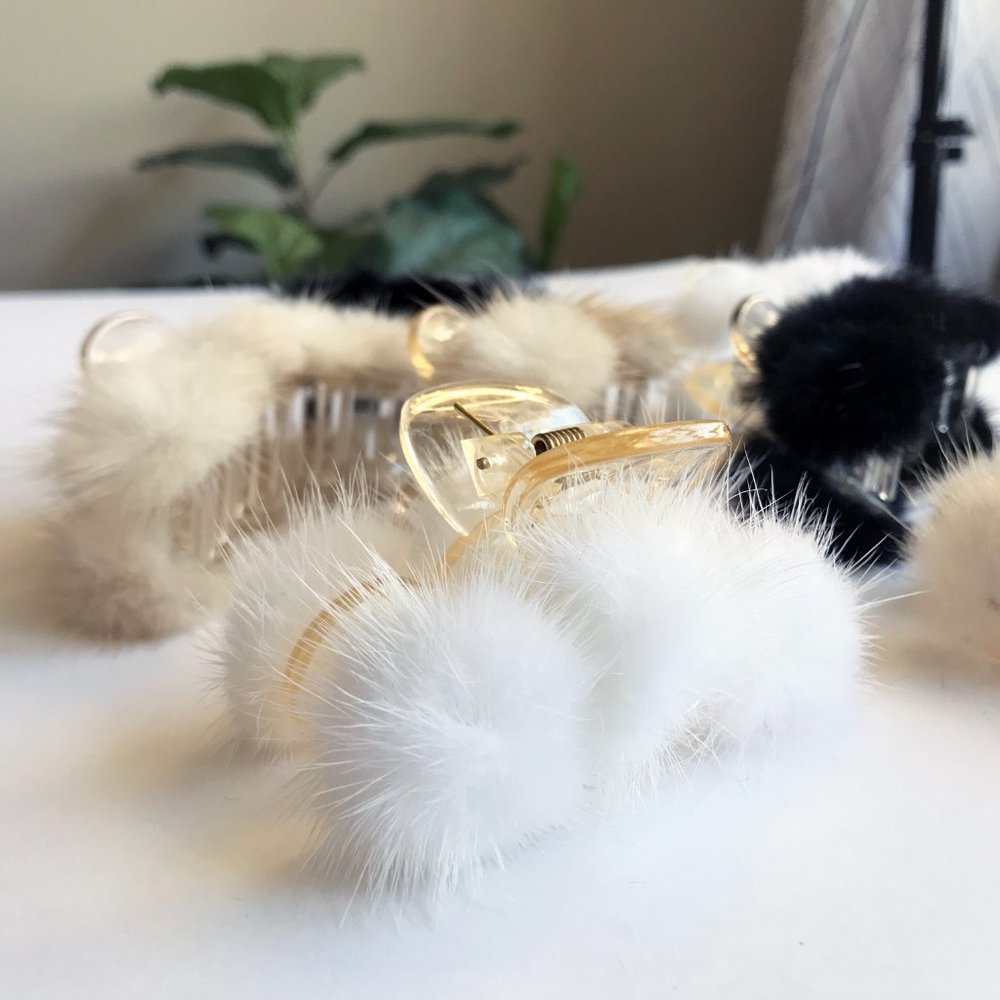 Small Mink Pom Pom Hair Clip Hair Jaw Claw • Black Tan or White • Genuine Fur - Picture 3 of 16